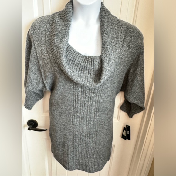 NWT BCX Cowl Neck Cable Knit Sweater Dress/Tunic Grey Tweed Bracelet Sleeve, L - Picture 3 of 9